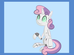 Size: 1600x1200 | Tagged: safe, artist:provolonepone, sweetie belle, pony, robot, robot pony, unicorn, g4, female, filly, foal, hooves, horn, raised hoof, sitting, solo, sweetie bot