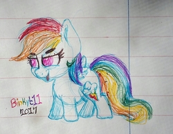 Size: 1827x1418 | Tagged: safe, artist:binkyt11, derpibooru exclusive, rainbow dash, pegasus, pony, beanbrows, chibi, eyebrows, female, lined paper, mare, pen, rainbow, solo, traditional art