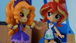 Size: 1280x720 | Tagged: safe, adagio dazzle, sunset shimmer, equestria girls, g4, my little pony equestria girls: rainbow rocks, doll, equestria girls minis, eqventures of the minis, female, food truck, japanese, lesbian, merchandise, ship:sunsagio, shipping, sunset sushi, toy, truck