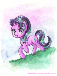 Size: 688x924 | Tagged: safe, artist:mana-kyusai, starlight glimmer, pony, unicorn, g4, female, looking at you, mare, smiling, solo, traditional art, walking, watercolor painting, watermark