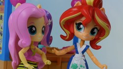 Size: 1280x720 | Tagged: safe, fluttershy, sunset shimmer, equestria girls, g4, my little pony equestria girls: rainbow rocks, doll, equestria girls minis, eqventures of the minis, female, irl, merchandise, photo, rainbow rocks outfit, sunset sushi, toy