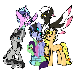 Size: 1412x1324 | Tagged: safe, artist:calibykitty, oc, oc only, oc:drizzle cloud, oc:flora boldbash, oc:maggie pie, oc:moonshine twinkle, oc:orangejack, oc:tammy spears, alicorn, earth pony, pegasus, pony, unicorn, alicorn amulet, alicorn oc, ear piercing, earring, eyeshadow, female, glasses, hat, jewelry, makeup, mane six opening poses, mare, open mouth, piercing, plaid shirt, sidecut, simple background, smiling, tattoo, undercut, white background