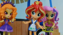 Size: 1280x720 | Tagged: safe, adagio dazzle, fluttershy, sunset shimmer, equestria girls, g4, my little pony equestria girls: rainbow rocks, doll, equestria girls minis, eqventures of the minis, female, irl, japanese, merchandise, photo, rainbow rocks outfit, sunset sushi, toy, truck