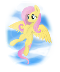 Size: 762x922 | Tagged: safe, artist:dybekscoots, fluttershy, pegasus, pony, g4, cloud, cute, female, flying, hooves to the chest, mare, shyabetes, smiling, solo, spread wings, wings