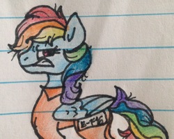 Size: 1710x1371 | Tagged: safe, artist:basicofsketches, rainbow dash, pegasus, pony, g4, b-f16, clothes, female, frustrated, lined paper, mare, prison outfit, prisoner, prisoner rd, solo, traditional art