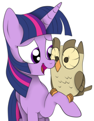 Size: 1736x2236 | Tagged: safe, artist:squipycheetah, owlowiscious, twilight sparkle, alicorn, owl, pony, g4, cute, duo, folded wings, open mouth, raised hoof, simple background, transparent background, twilight sparkle (alicorn), vector