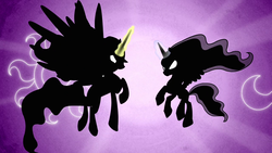 Size: 1280x720 | Tagged: safe, screencap, princess celestia, princess luna, alicorn, pony, g4, season 3, the crystal empire, cutie mark, duo, flying, glowing eyes, glowing horn, horn, royal sisters, silhouette, sisters, this will end in banishment