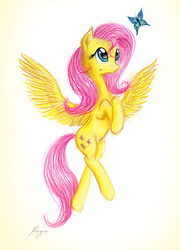 Size: 1000x1390 | Tagged: safe, artist:magfen, fluttershy, butterfly, pegasus, pony, g4, colored pencil drawing, female, hooves to the chest, looking at something, looking up, mare, simple background, solo, spread wings, stray strand, traditional art, white background, wings