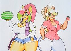 Size: 1920x1374 | Tagged: safe, artist:xmistressecchicatx, applejack, oc, oc:melon drop, anthro, g4, apple, big breasts, breasts, clothes, daisy dukes, food, huge breasts, shorts, tongue out, traditional art, watermelon, wide hips