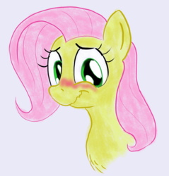 Size: 579x605 | Tagged: safe, artist:friendshipishorses, fluttershy, pony, g4, blushing, bust, female, looking away, looking down, portrait, smiling, solo, wavy mouth