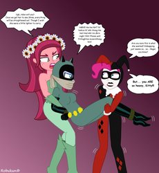 Size: 858x931 | Tagged: safe, artist:robukun, gloriosa daisy, pinkie pie, princess luna, vice principal luna, equestria girls, g4, arm behind back, bare shoulders, bondage, bound and gagged, catwoman, cloth gag, clothes, cosplay, costume, gag, harley quinn, kidnapped, poison ivy, sleeveless, strapless