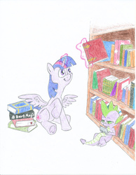 Size: 2552x3296 | Tagged: safe, artist:friendshipishorses, spike, twilight sparkle, alicorn, dragon, pony, g4, book, bookshelf, colored pencil drawing, duo, game console, glowing horn, high res, horn, levitation, looking at something, looking up, magic, raised hoof, sitting, smiling, spread wings, telekinesis, traditional art, twilight sparkle (alicorn), underhoof, wings