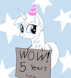 Size: 1489x1633 | Tagged: safe, artist:paskanaakka, derpibooru exclusive, oc, oc only, oc:paska, pony, unicorn, ear fluff, faic, hat, nose wrinkle, party hat, sign, smiling, smirk, solo, twiface, wingding eyes, wow