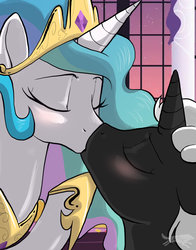 Size: 1024x1306 | Tagged: safe, artist:lostinthetrees, princess celestia, oc, oc:ben herrin, pony, unicorn, g4, canon x oc, female, kissing, male, shipping, stallion, straight