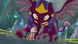 Size: 1920x1080 | Tagged: safe, screencap, somnambula, the sphinx, pegasus, pony, sphinx, daring done?, g4, angry, discovery family logo, egyptian, eye contact, female, frown, glare, gritted teeth, looking at each other, macro, mare, sharp teeth, size difference, spread wings, statue