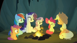 Size: 1920x1080 | Tagged: safe, screencap, apple bloom, applejack, rainbow dash, rarity, scootaloo, sweetie belle, earth pony, pegasus, pony, unicorn, campfire tales, g4, season 7, apple bloom's bow, bow, campfire, camping, cave, cute, cutie mark crusaders, discovery family logo, eyes closed, female, filly, fire, hair bow, lighting, mare, sitting