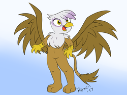 Size: 1600x1200 | Tagged: safe, artist:roxenmaratoun, gilda, griffon, g4, bipedal, female, gradient background, open mouth, signature, solo, spread wings, wings