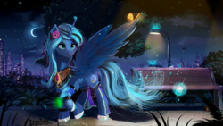 Size: 1920x1080 | Tagged: safe, artist:discordthege, oc, oc only, oc:moonlight silk, alicorn, butterfly, pony, alicorn oc, bench, building, city, clothes, crescent moon, female, flower, flower in hair, lidded eyes, mare, moon, night, not luna, smiling, solo