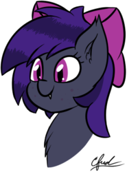Size: 274x371 | Tagged: safe, artist:seafooddinner, oc, oc only, oc:night noises, bat pony, pony, bow, bust, chest fluff, clothes, cute, freckles, signature, simple background, solo, transparent background
