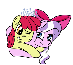 Size: 900x800 | Tagged: dead source, safe, artist:radek1212, apple bloom, diamond tiara, earth pony, pony, g4, accessory swap, adorabloom, apple bloom's bow, bow, cute, diamondbetes, duo, female, filly, friendship, hair bow, hug, jewelry, just friends, ribbon, simple background, tiara, tsundere, white background
