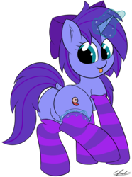 Size: 828x1115 | Tagged: safe, artist:seafooddinner, oc, oc only, oc:seafood dinner, pony, unicorn, bow, butt, clothes, cute, female, magic, mare, plot, signature, simple background, socks, striped socks, transparent background