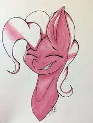 Size: 1024x1365 | Tagged: safe, artist:pinkdolphin147, pinkie pie, earth pony, pony, g4, bust, copic, eyes closed, female, marker drawing, portrait, simple background, smiling, solo, traditional art, white background