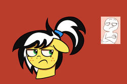 Size: 905x597 | Tagged: safe, artist:feralroku, derpibooru exclusive, oc, oc only, oc:uppercute, pony, bust, expression, floppy ears, portrait, red background, simple background, solo, unamused