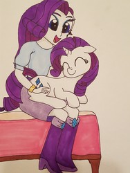 Size: 1512x2016 | Tagged: safe, artist:iffoundreturntorarity, rarity, human, pony, equestria girls, g4, bed, cute, duo, human ponidox, raribetes, self ponidox, traditional art