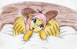 Size: 2301x1482 | Tagged: safe, artist:40kponyguy, derpibooru exclusive, fluttershy, pegasus, pony, g4, bed, cute, ear fluff, female, floppy ears, head tilt, looking up, open mouth, shyabetes, solo, spread wings, traditional art, wings