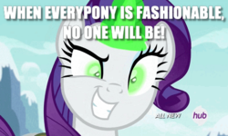Size: 530x318 | Tagged: safe, edit, edited screencap, screencap, rarity, pony, g4, inspiration manifestation, all new, buddy pine, hub logo, image macro, inspirarity, meme, movie reference, possessed, solo, syndrome, text, the incredibles