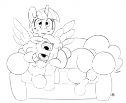 Size: 1280x1043 | Tagged: safe, artist:pabbley, pinkie pie, twilight sparkle, alicorn, earth pony, pony, g4, 30 minute art challenge, blushing, couch, cuddling, female, lesbian, monochrome, netflix and chill, pabbley is trying to murder us, ship:twinkie, shipping, spread wings, twilight sparkle (alicorn), wavy mouth, wingboner, wings