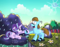 Size: 3549x2774 | Tagged: safe, artist:lars99, starlight glimmer, oc, earth pony, pony, unicorn, g4, cloud, crying, high res, holding hooves, rain
