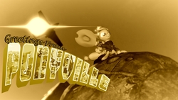 Size: 1280x720 | Tagged: safe, artist:dj-chopin, applejack, earth pony, pony, g4, 3d, atomic bomb, autumn, bomb, crossover, dr. strangelove, fallout, female, flare, nuclear weapon, pipbuck, plane, postcard, solo, weapon