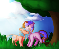 Size: 2879x2423 | Tagged: safe, artist:oddends, oc, oc only, pony, couple, female, high res, male, mare, outdoors, park, stallion, straight, tree