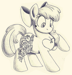 Size: 472x494 | Tagged: safe, artist:rannva, apple bloom, earth pony, pony, g4, apple bloom's bow, bow, chest fluff, cutie mark, female, filly, hair bow, heart, monochrome, raised hoof, simple background, solo, story, story:endless gifts, tattoo-like, traditional art