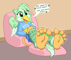 Size: 765x640 | Tagged: safe, artist:caroo, oc, oc only, griffon, anthro, plantigrade anthro, 4 toes, feet, female, fetish, foot fetish, foot focus, soles, solo, this will end in tickles, toe ring, toes
