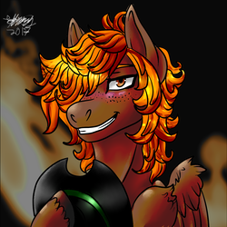 Size: 1200x1200 | Tagged: safe, artist:brainiac, oc, oc only, oc:calamity, pegasus, pony, fallout equestria, blushing, clothes, dashite, fanfic, fanfic art, freckles, hat, hooves, male, solo, stallion, teeth, wing fluff, wings