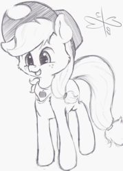 Size: 750x1050 | Tagged: safe, artist:malwinters, applejack, earth pony, pony, g4, bandana, cute, female, filly, grin, monochrome, sketch, smiling, solo, younger