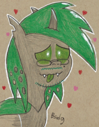 Size: 729x929 | Tagged: safe, artist:b-cacto, oc, oc only, oc:cactus needles, changeling, changeling oc, changelingified, green changeling, heart, solo, species swap, traditional art