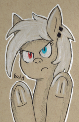 Size: 505x773 | Tagged: safe, artist:b-cacto, oc, oc only, oc:cella, pony, ear piercing, heterochromia, looking at you, piercing, solo, traditional art, underhoof