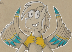 Size: 1172x842 | Tagged: safe, artist:b-cacto, oc, oc only, oc:cirrus sky, hippogriff, quadruple thumbs up, solo, thumbs up, traditional art, wing hands