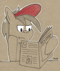 Size: 873x1041 | Tagged: safe, artist:b-cacto, oc, oc only, oc:cover story, pony, newspaper, solo, traditional art, unamused