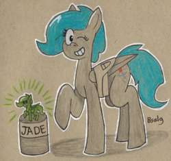 Size: 1057x993 | Tagged: safe, artist:b-cacto, oc, oc only, oc:jade shine, pony, jade, one eye closed, sculpture, solo, traditional art, wink