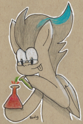 Size: 663x995 | Tagged: safe, artist:b-cacto, oc, oc only, oc:particle haze, pony, chemicals, chemistry, erlenmeyer flask, flask, glasses, science, solo, test tube, traditional art, tubes