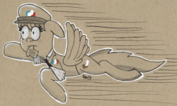 Size: 1403x839 | Tagged: safe, artist:b-cacto, oc, oc only, oc:special delivery, pony, bread, flying, food, gotta go fast, running late, solo, toast, traditional art