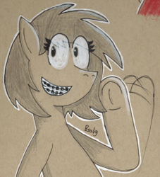 Size: 973x1073 | Tagged: safe, artist:b-cacto, oc, oc only, oc:venus spring, pony, braces, happy, smiling, solo, traditional art, waving