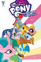 Size: 1054x1600 | Tagged: safe, artist:nicoletta baldari, idw, flash magnus, meadowbrook, mistmane, rockhoof, somnambula, star swirl the bearded, earth pony, pegasus, pony, unicorn, g4, legends of magic #7, my little pony: legends of magic, colt, cover, female, healer's mask, male, mare, mask, my little pony logo, pillars of equestria, smiling, stallion