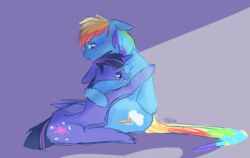 Size: 4421x2795 | Tagged: safe, artist:mazuuur, rainbow dash, twilight sparkle, alicorn, pony, g4, comforting, crying, female, hug, lesbian, sad, ship:twidash, shipping, twilight sparkle (alicorn)