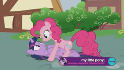 Size: 1920x1080 | Tagged: safe, screencap, pinkie pie, twilight sparkle, alicorn, pony, fame and misfortune, g4, my little pony: friendship is magic, season 7, discovery family logo, straddling, twilight sparkle (alicorn), youtube link