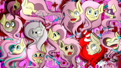 Size: 3309x1861 | Tagged: safe, artist:lixthefork, fluttershy, saddle rager, bat pony, pegasus, pony, .mov, elements of insanity, shed.mov, g4, black sclera, blood, cheering, creepypasta, discorded, emoshy, eyes closed, female, flutter island, flutterbat, flutterbitch, flutterrage, fluttershed, fluttershout, flutteryay, headband, mare, multeity, pony.mov, power ponies, race swap, rainbow power, so much flutter, stare, the stare, yay, zalgo